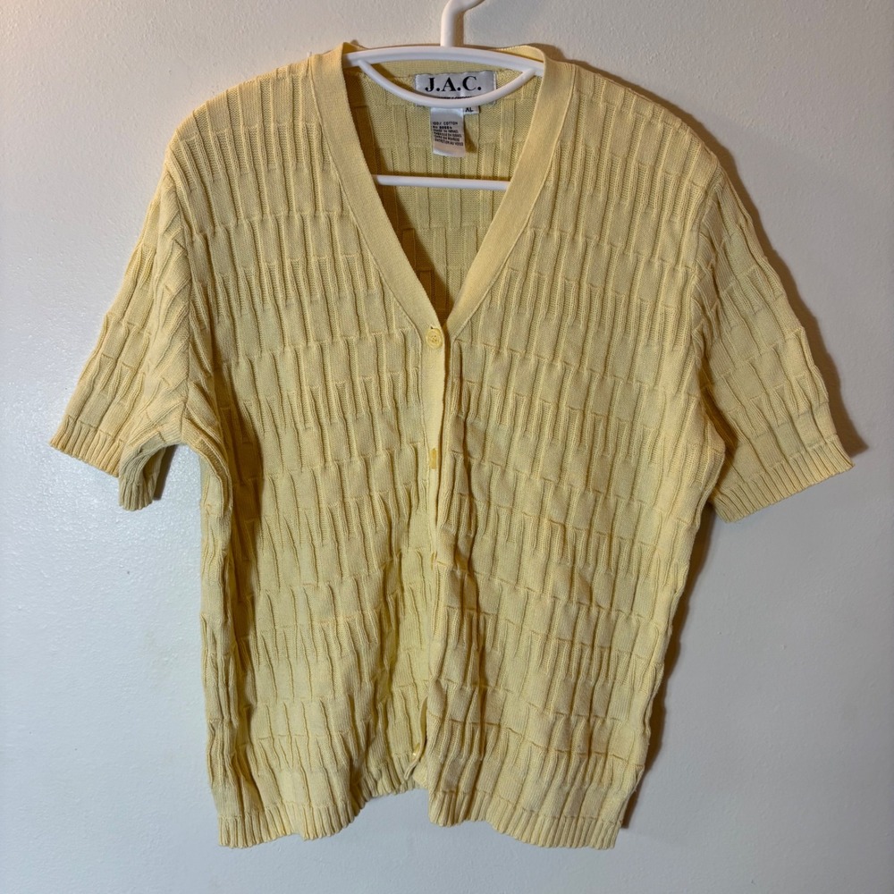 Vintage J.A.C. Yellow Cotton Textured Knit Short Sleeve V-Neck Cardigan Size XL